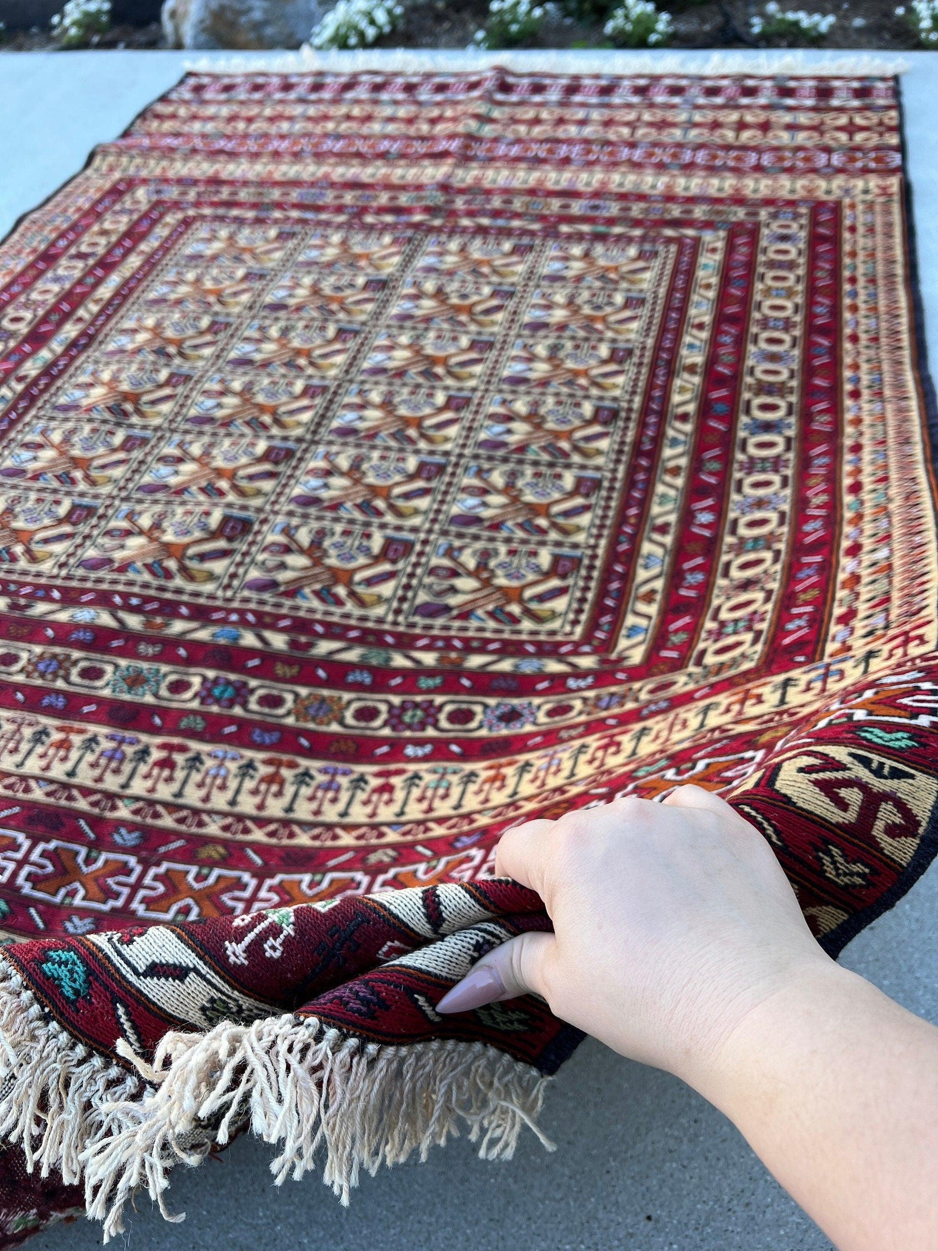 4x7 (120x215) Handmade Vintage Soumak Afghan Rug Crimson Red Cream Beige Mahogany Baby Blue Black Turquoise Ivory Purple Taupe Burnt Orange