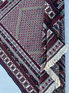 4x6 (120x215) Handmade Vintage Afghan Soumak Rug | Crimson Wine Red Ivory Pink Light Blue Olive Green Black Taupe Moss Green Hand Knotted