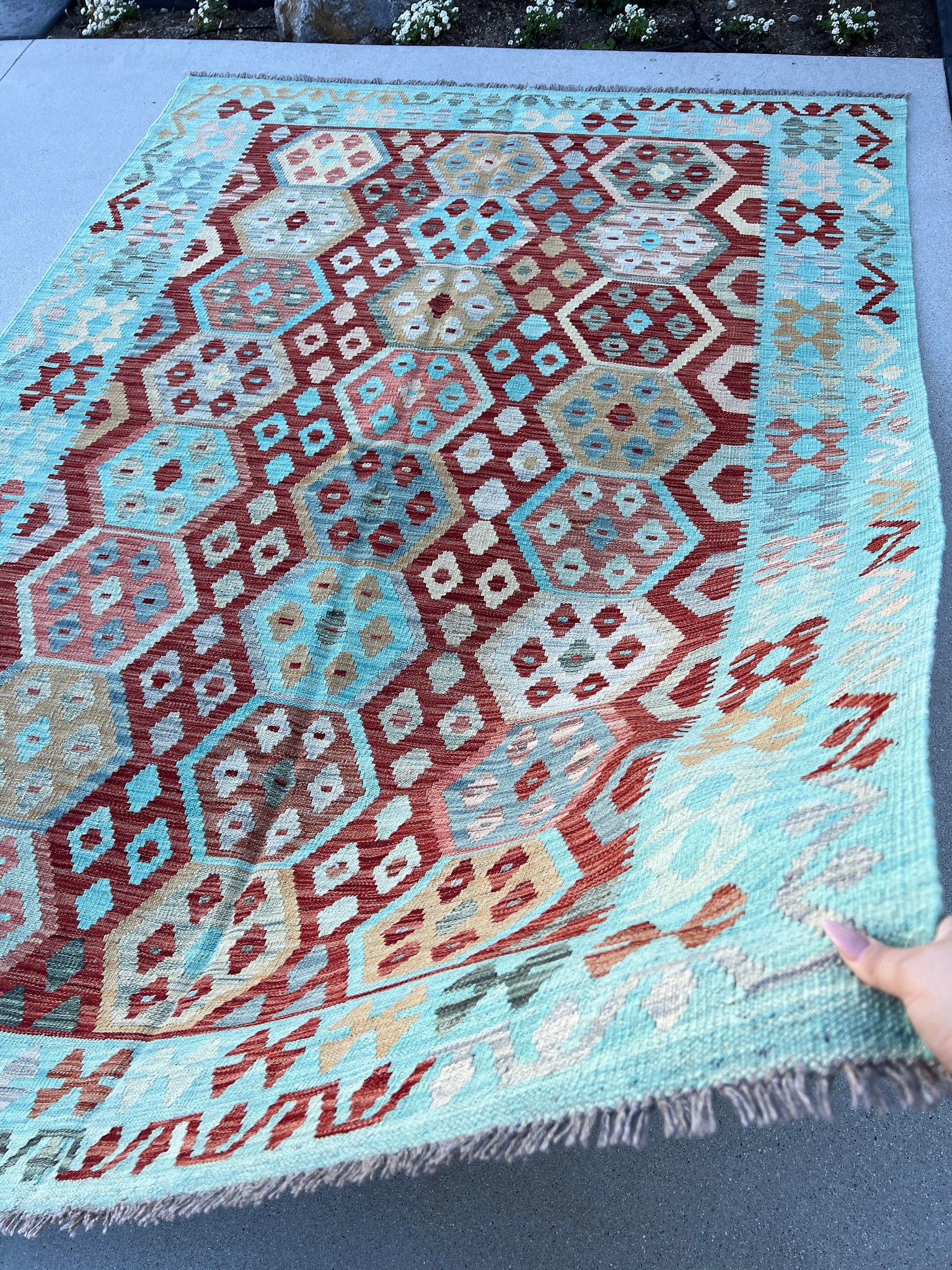 6x8 (180x245) Handmade Afghan Kilim Rug | Turquoise Teal Crimson Brick Red Light Brown Taupe Purple Denim Blue Grey | Hand Knotted Geometric
