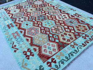 6x8 (180x245) Handmade Afghan Kilim Rug | Turquoise Teal Crimson Brick Red Light Brown Taupe Purple Denim Blue Grey | Hand Knotted Geometric