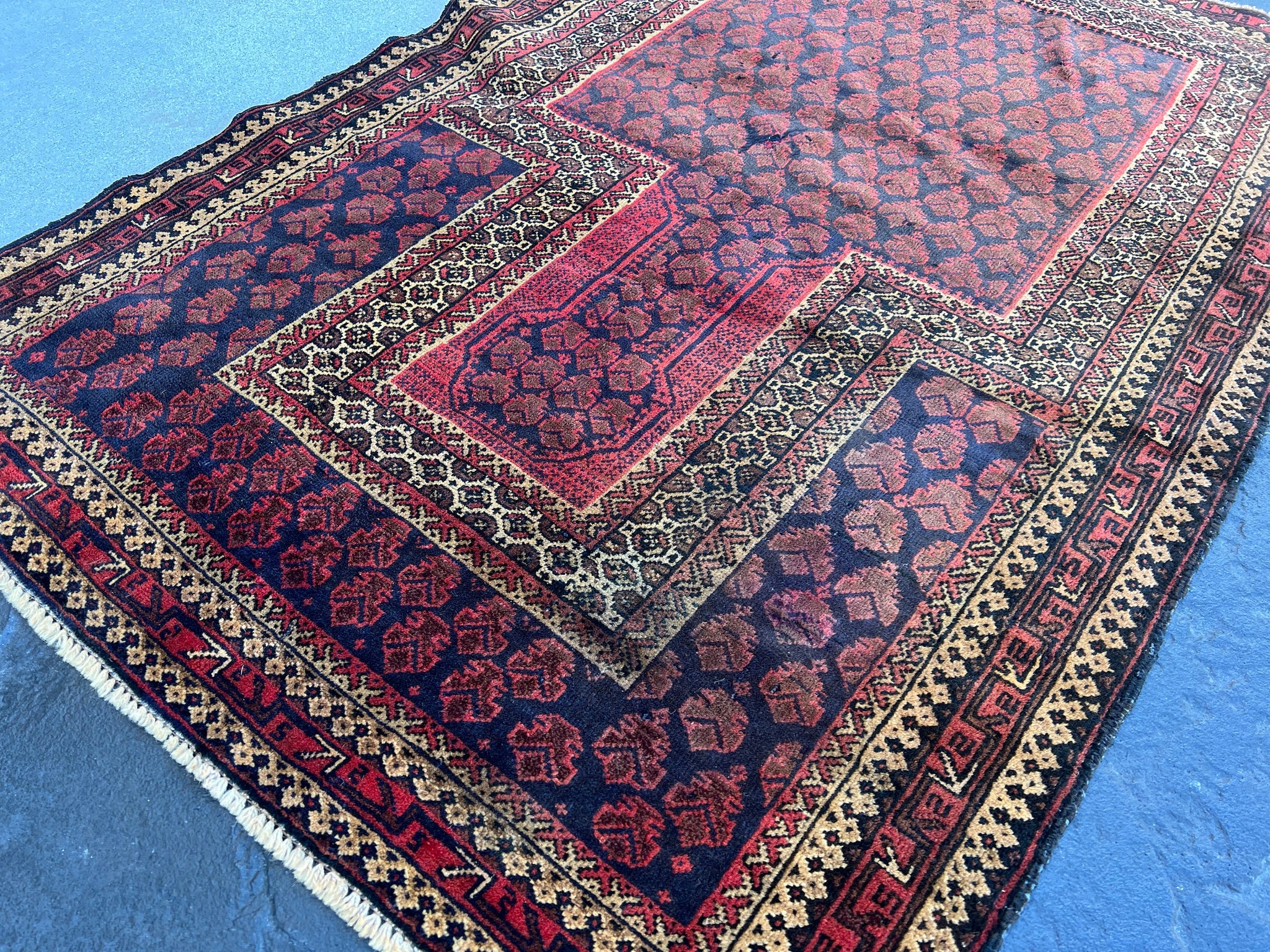 3x5 (100x180) Vintage Handmade Afghan Baluchi Rug | Crimson Red Chocolate Brown Taupe Black Cream Beige | Hand Knotted Turkish Persian