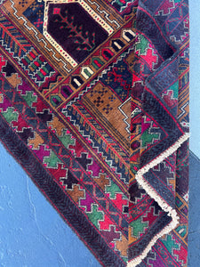 3x5 (100x180) Handmade Vintage Baluch Afghan Rug | Chocolate Brown Crimson Red Black Cream Beige Wine Red Pine Green Ivory | Geometric Wool