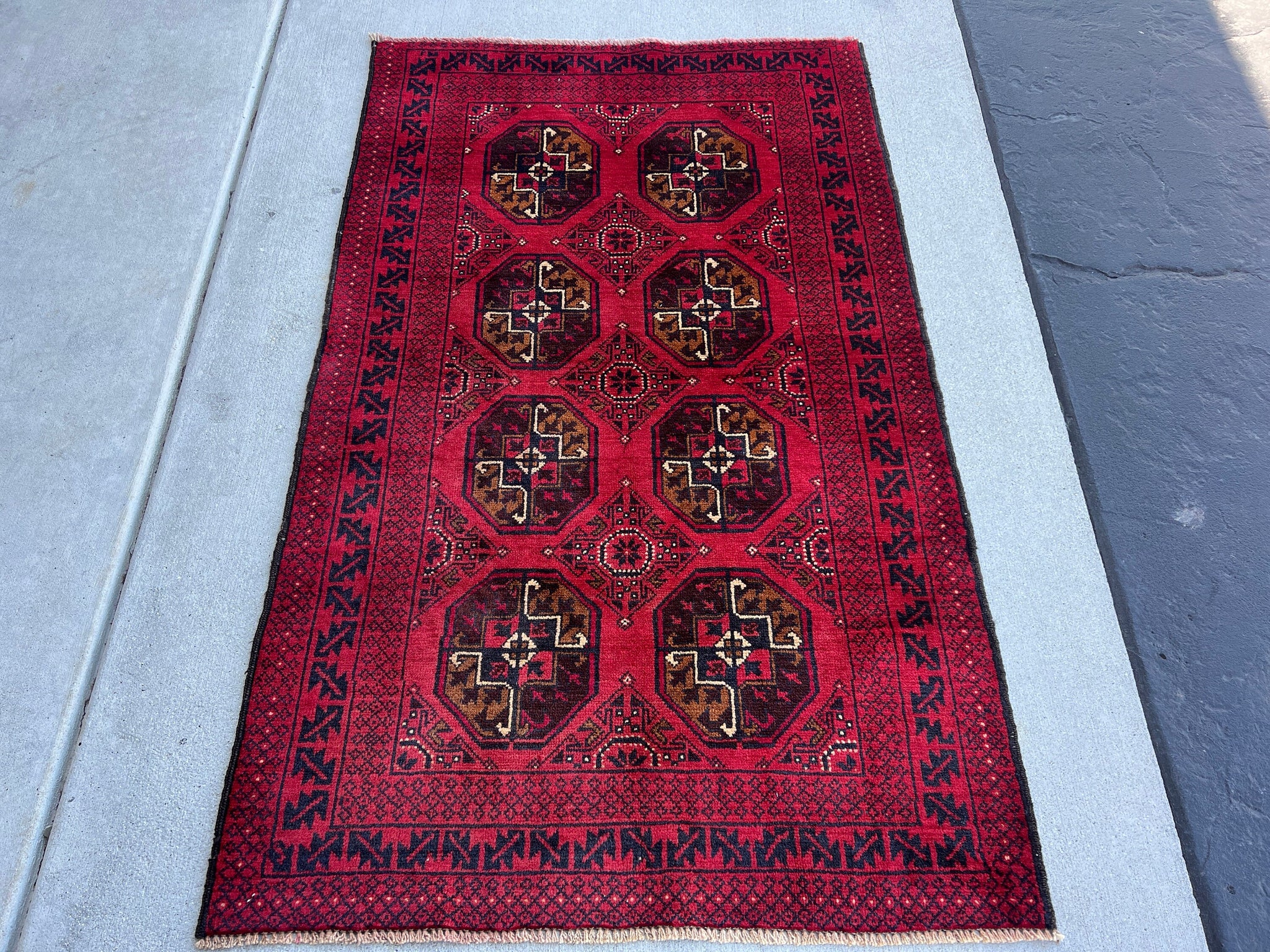 3x5 (100x180) Handmade Vintage Baluch Afghan Rug | Brick Red Taupe Midnight Blue Wine Red Ivory Black | Hand Knotted Geometric Turkish Wool