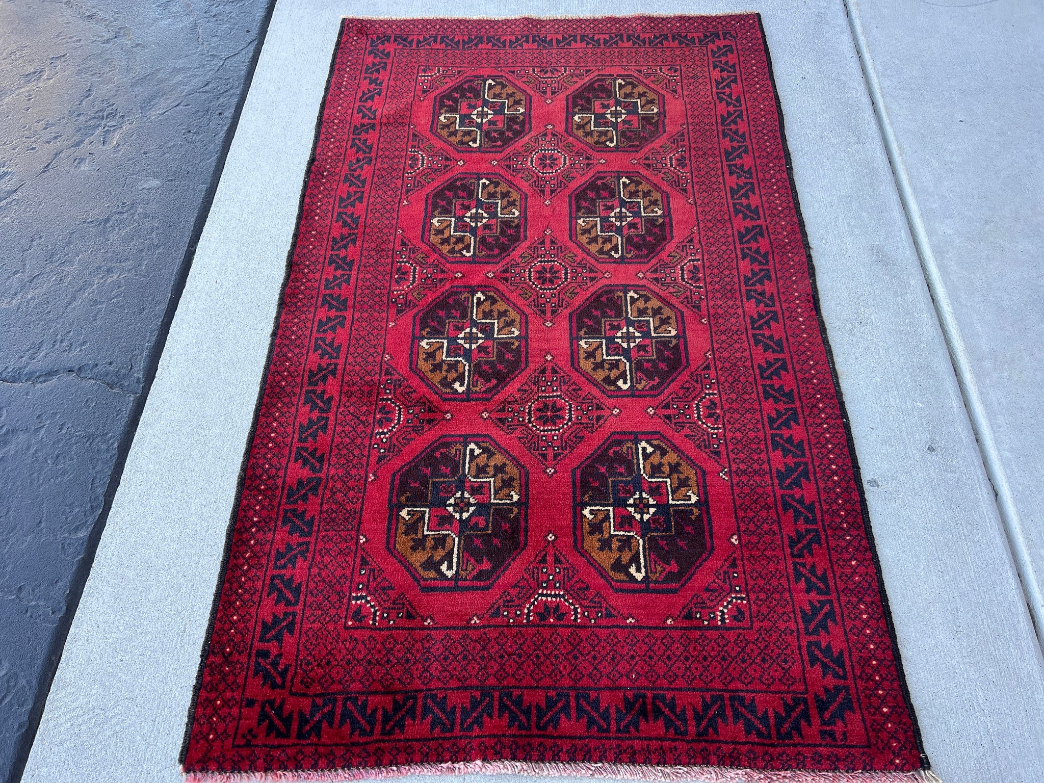 3x5 (100x180) Handmade Vintage Baluch Afghan Rug | Brick Red Taupe Midnight Blue Wine Red Ivory Black | Hand Knotted Geometric Turkish Wool