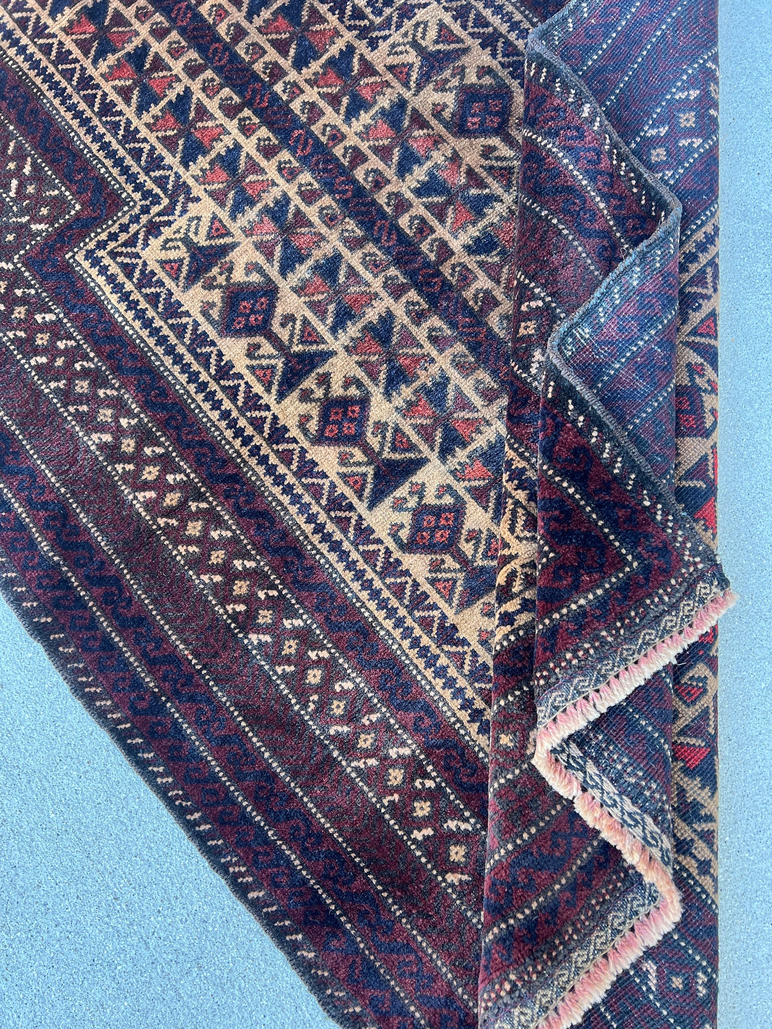 3x5 (100x180) Handmade Vintage Baluch Afghan Rug | Purple Mauve Auburn Cream Beige Chocolate Brown Peach Black Orange Geometric Turkish Wool