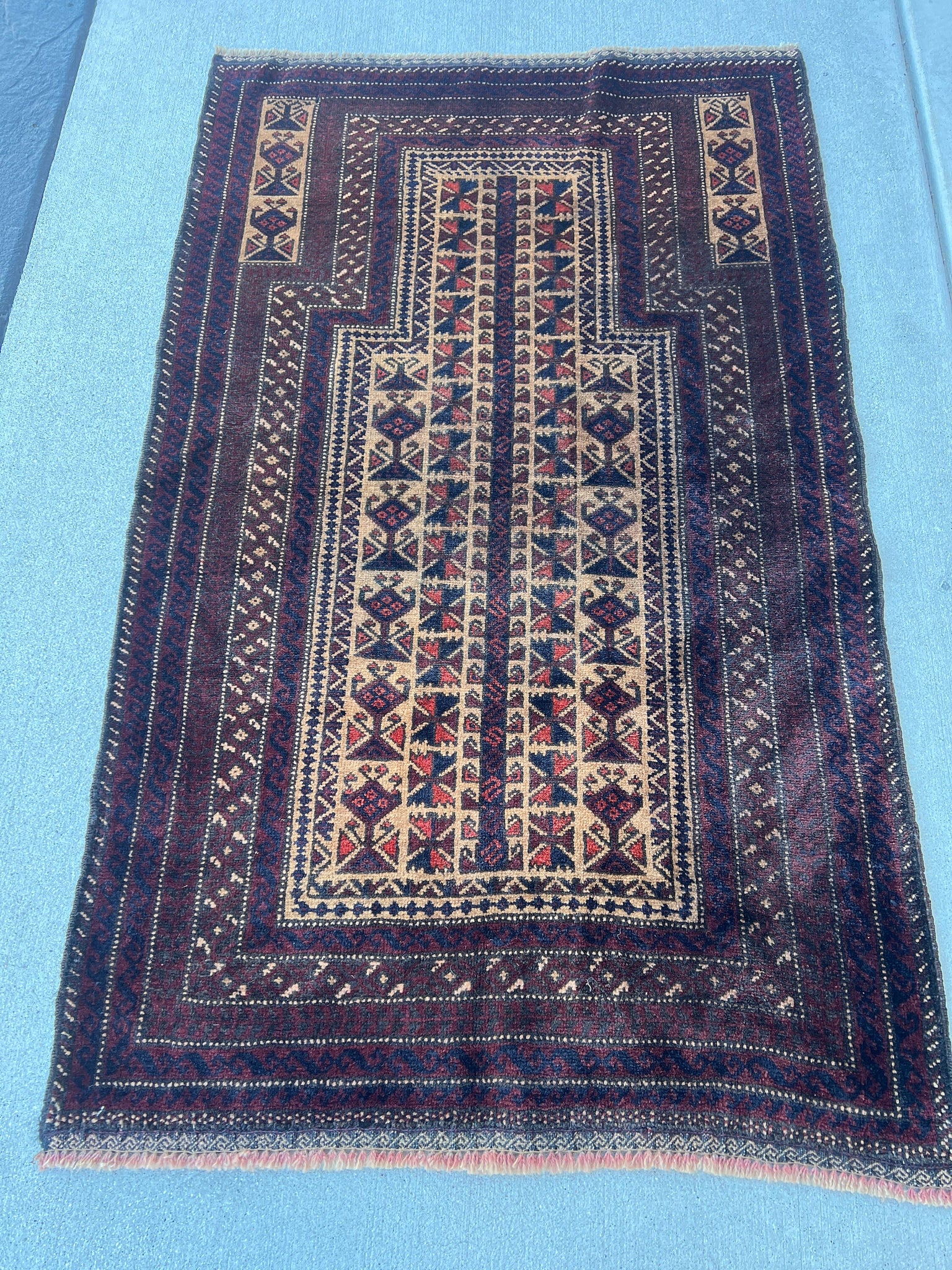 3x5 (100x180) Handmade Vintage Baluch Afghan Rug | Purple Mauve Auburn Cream Beige Chocolate Brown Peach Black Orange Geometric Turkish Wool