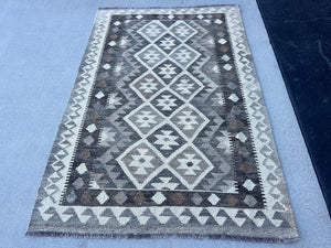 3x5 (100x180) Handmade Afghan Kilim Rug | Grey Taupe Ivory | Hand Knotted Geometric Bohemian Turkish Persian Oriental Wool