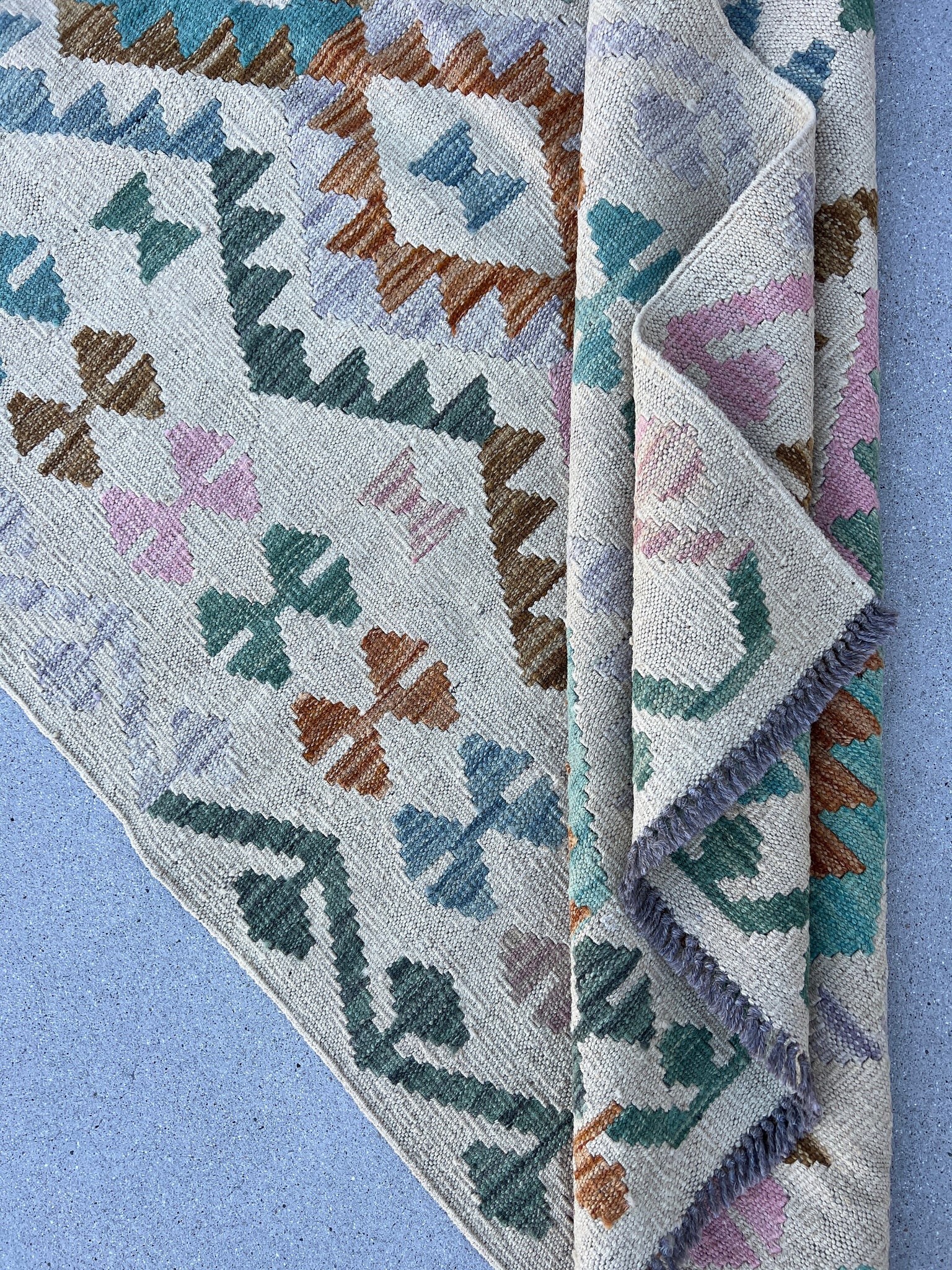 3x5 (100x180) Handmade Afghan Kilim Rug | Cream Beige Taupe Teal Sky Blue Lavender Baby Pink Forest Green | Hand Knotted Geometric Wool