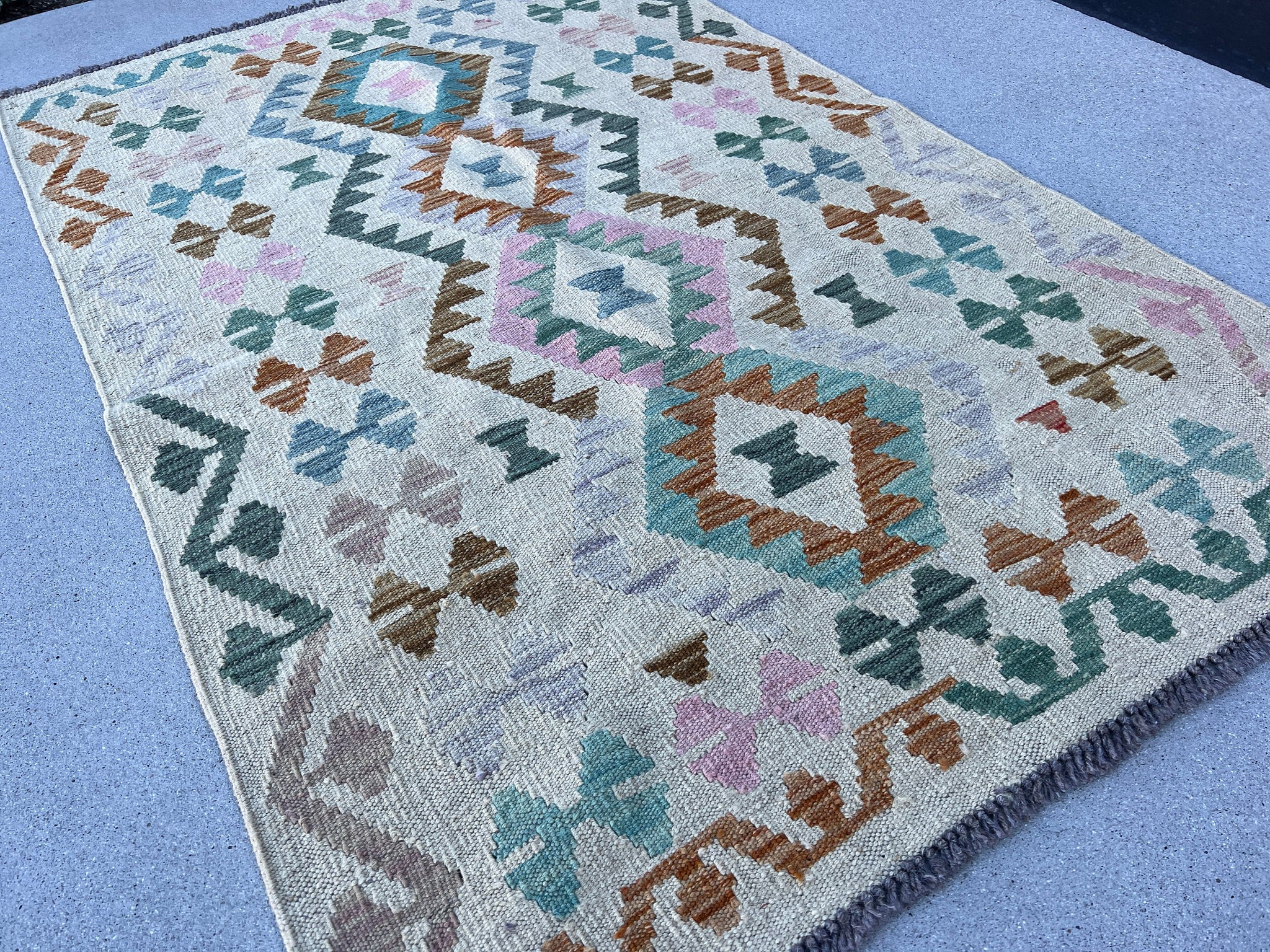 3x5 (100x180) Handmade Afghan Kilim Rug | Cream Beige Taupe Teal Sky Blue Lavender Baby Pink Forest Green | Hand Knotted Geometric Wool