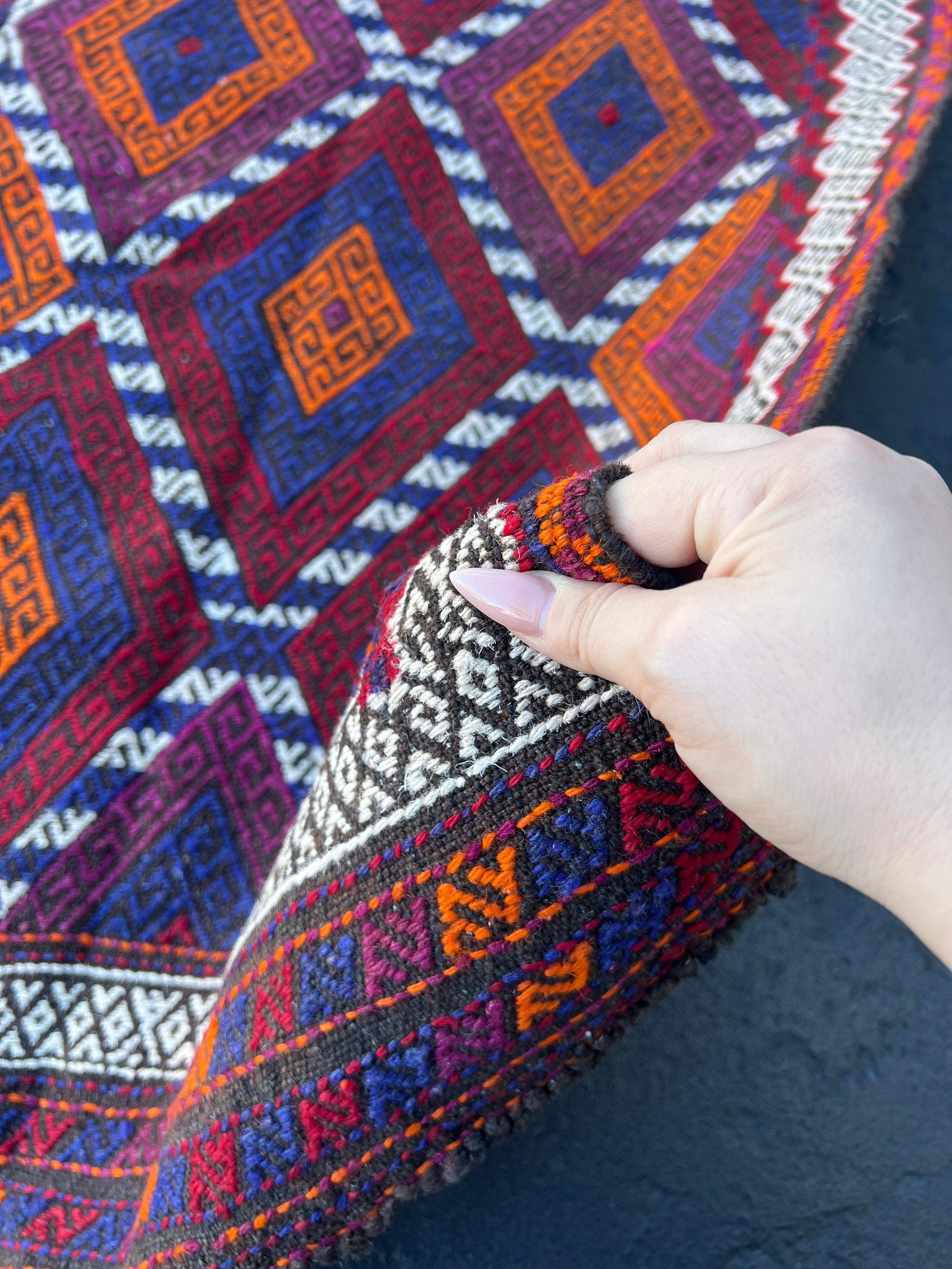 2x10~3x10 (90x335) Handmade Afghan Kilim Runner Rug | Blood Red Navy Blue Purple Orange Black Ivory Charcoal Black | Hand Knotted Geometric