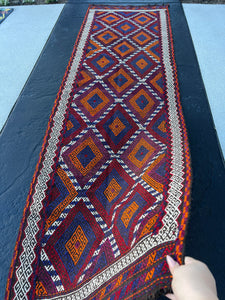 2x10~3x10 (90x335) Handmade Afghan Kilim Runner Rug | Blood Red Navy Blue Purple Orange Black Ivory Charcoal Black | Hand Knotted Geometric