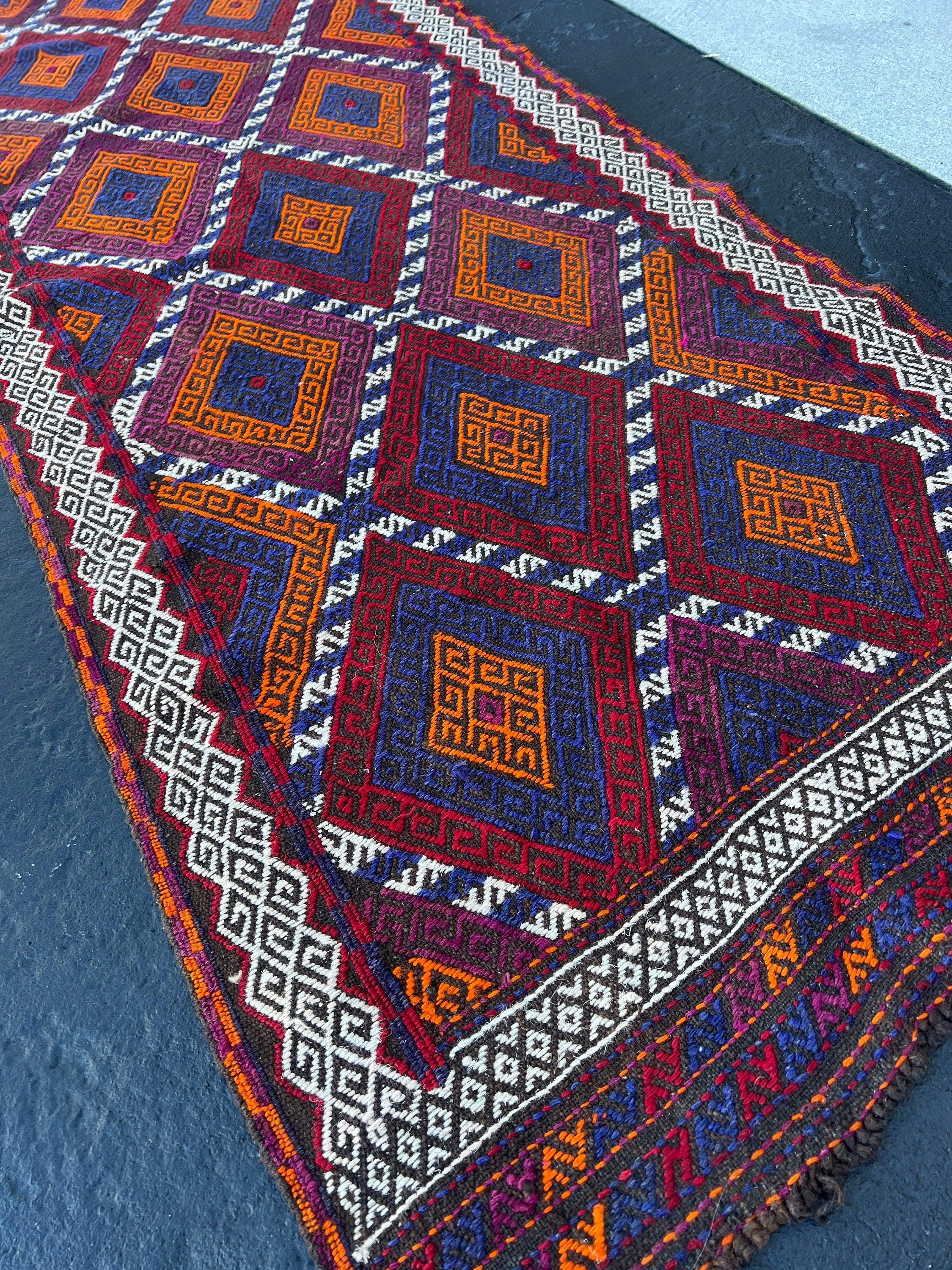 2x10~3x10 (90x335) Handmade Afghan Kilim Runner Rug | Blood Red Navy Blue Purple Orange Black Ivory Charcoal Black | Hand Knotted Geometric