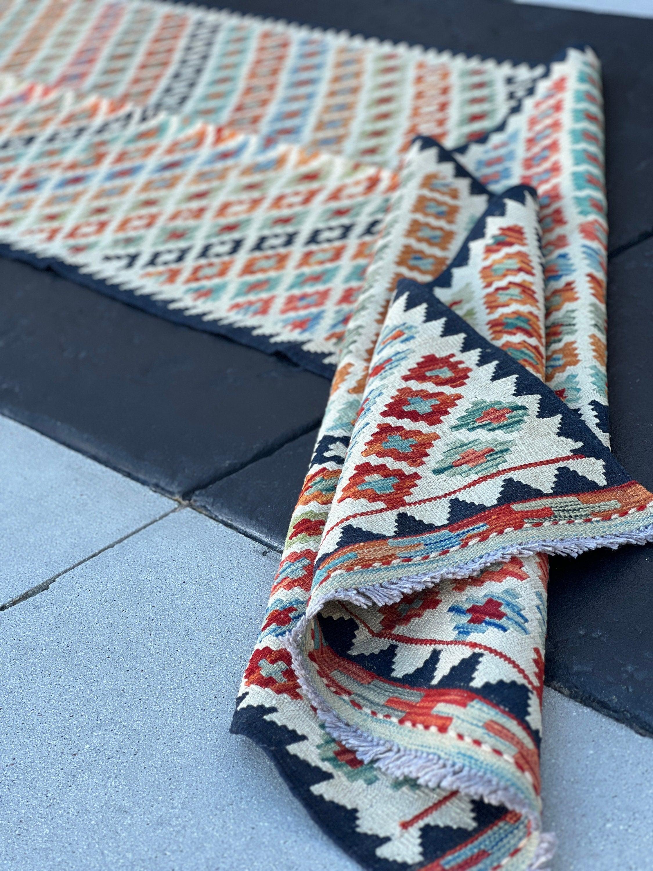 3x13 (90x395) Handmade Afghan Kilim Runner Rug | Olive Navy Sky Blue Burnt Orange Cream Beige Taupe Midnight Blue | Hand Knotted Geometric