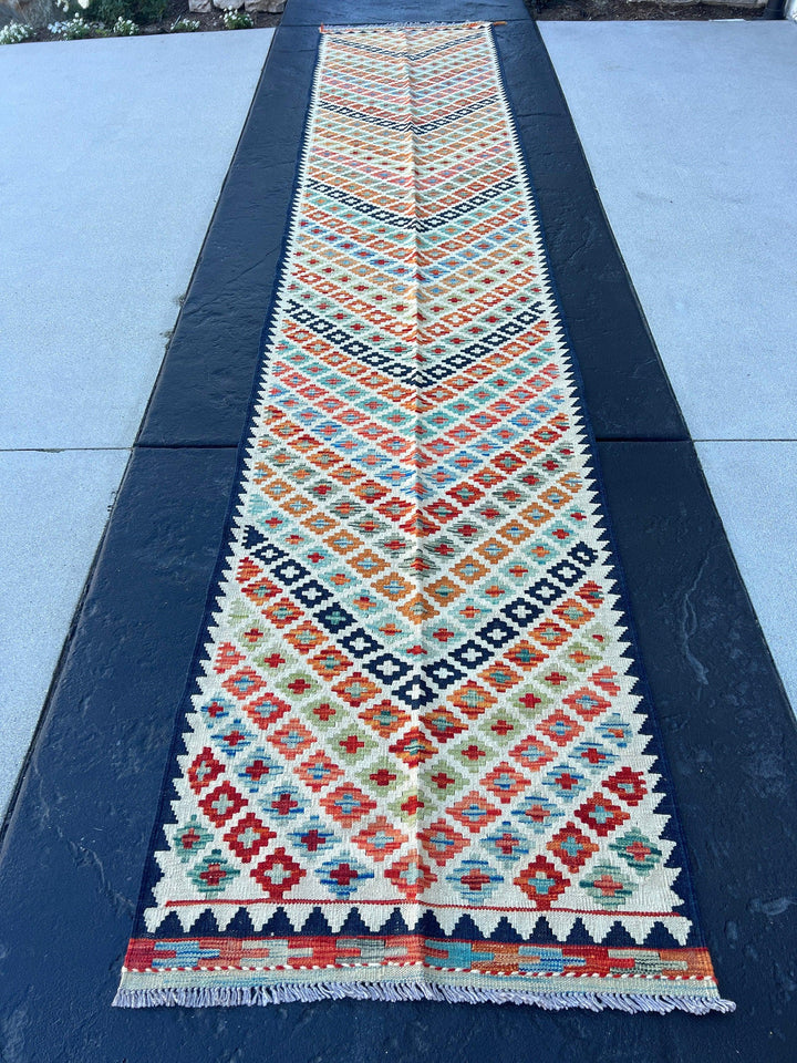 3x13 (90x395) Handmade Afghan Kilim Runner Rug | Olive Navy Sky Blue Burnt Orange Cream Beige Taupe Midnight Blue | Hand Knotted Geometric