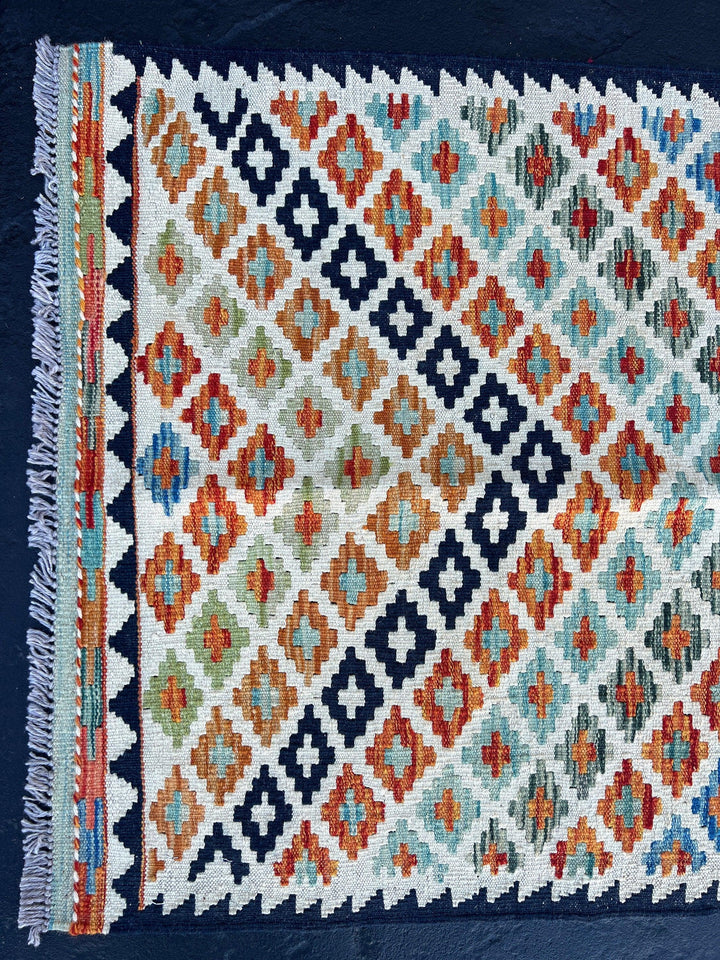 3x13 (90x395) Handmade Afghan Kilim Runner Rug | Olive Navy Sky Blue Burnt Orange Cream Beige Taupe Midnight Blue | Hand Knotted Geometric