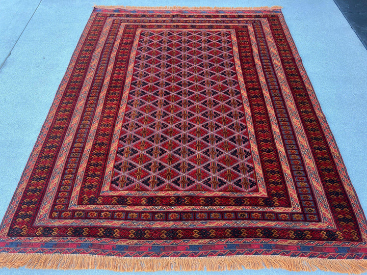 5x7 (150x200) Handmade Afghan Rug | Brick Auburn Crimson Red Midnight Blue Burnt Orange Taupe Crimson Red Hand Knotted Persian Turkish Wool