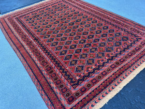 5x7 (150x200) Handmade Afghan Rug | Brick Auburn Crimson Red Midnight Blue Burnt Orange Taupe Crimson Red Hand Knotted Persian Turkish Wool