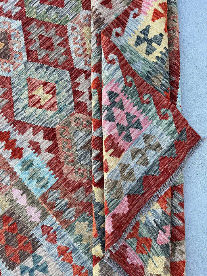 7x10 (215x305) Handmade Afghan Kilim Rug | Crimson Red Burnt Orange Rose Pink Teal Olive Green Mustard Yellow Grey Sky Blue Charcoal | Wool