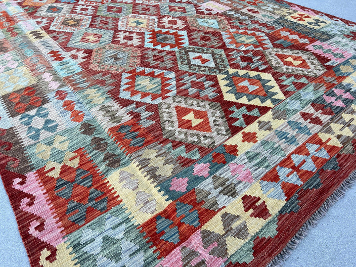 7x10 (215x305) Handmade Afghan Kilim Rug | Crimson Red Burnt Orange Rose Pink Teal Olive Green Mustard Yellow Grey Sky Blue Charcoal | Wool