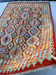 6x8 (180x245) Handmade Afghan Kilim Rug | Burnt Orange Denim Blue Turquoise Red Grey Sky Blue Moss Green | Flatweave Flat Woven Boho Outdoor