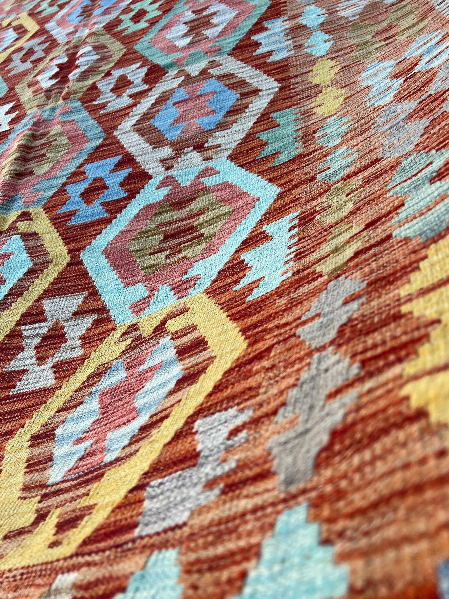 6x8 (180x245) Handmade Afghan Kilim Rug | Burnt Orange Denim Blue Turquoise Red Grey Sky Blue Moss Green | Flatweave Flat Woven Boho Outdoor