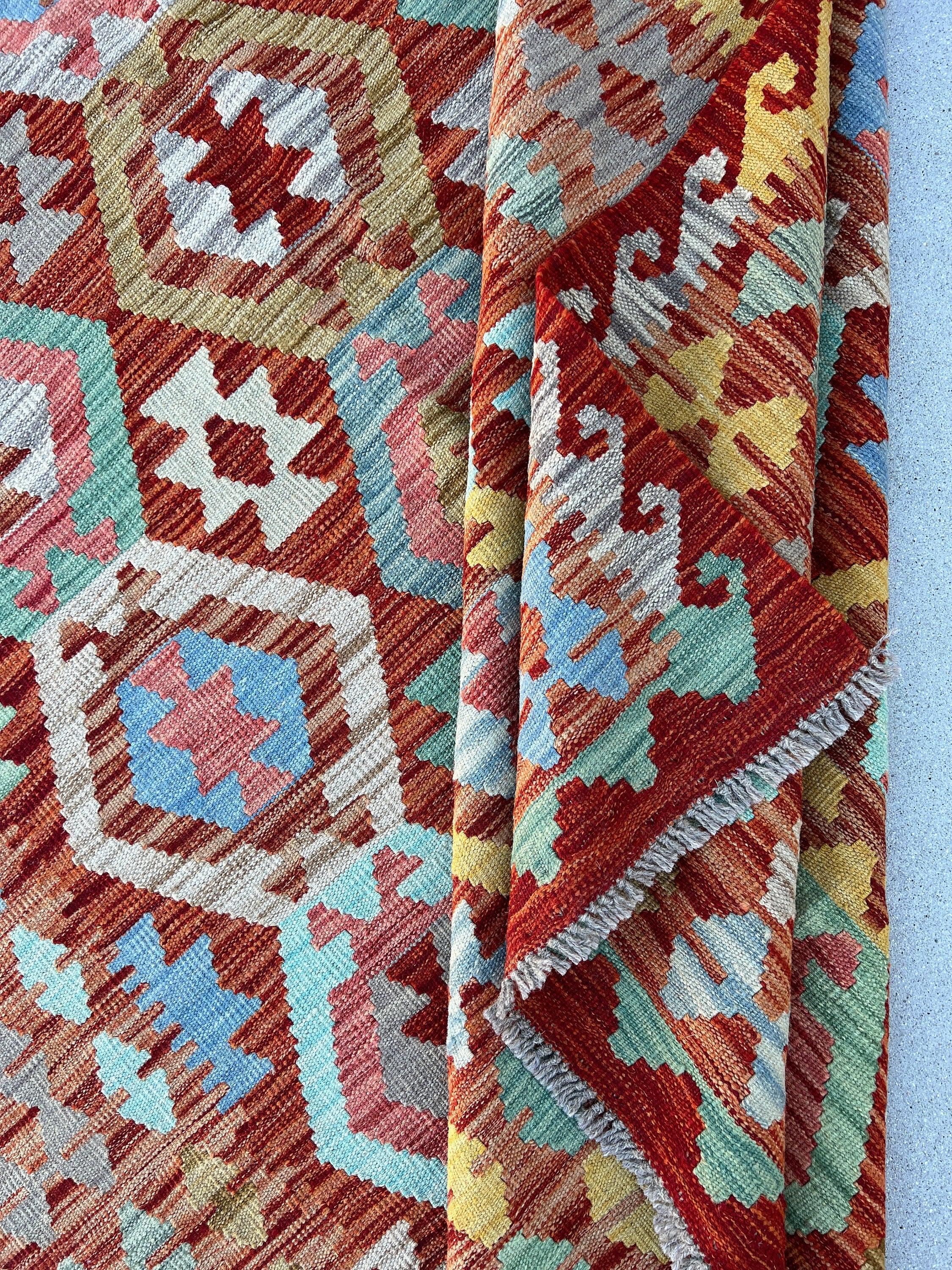 6x8 (180x245) Handmade Afghan Kilim Rug | Burnt Orange Denim Blue Turquoise Red Grey Sky Blue Moss Green | Flatweave Flat Woven Boho Outdoor