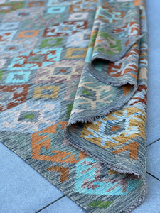 7x10 (215x305) Handmade Afghan Kilim Rug | Grey Teal Turquoise Taupe Olive Moss Green Garnet Red Light Chocolate Brown Mahogany | Geometric