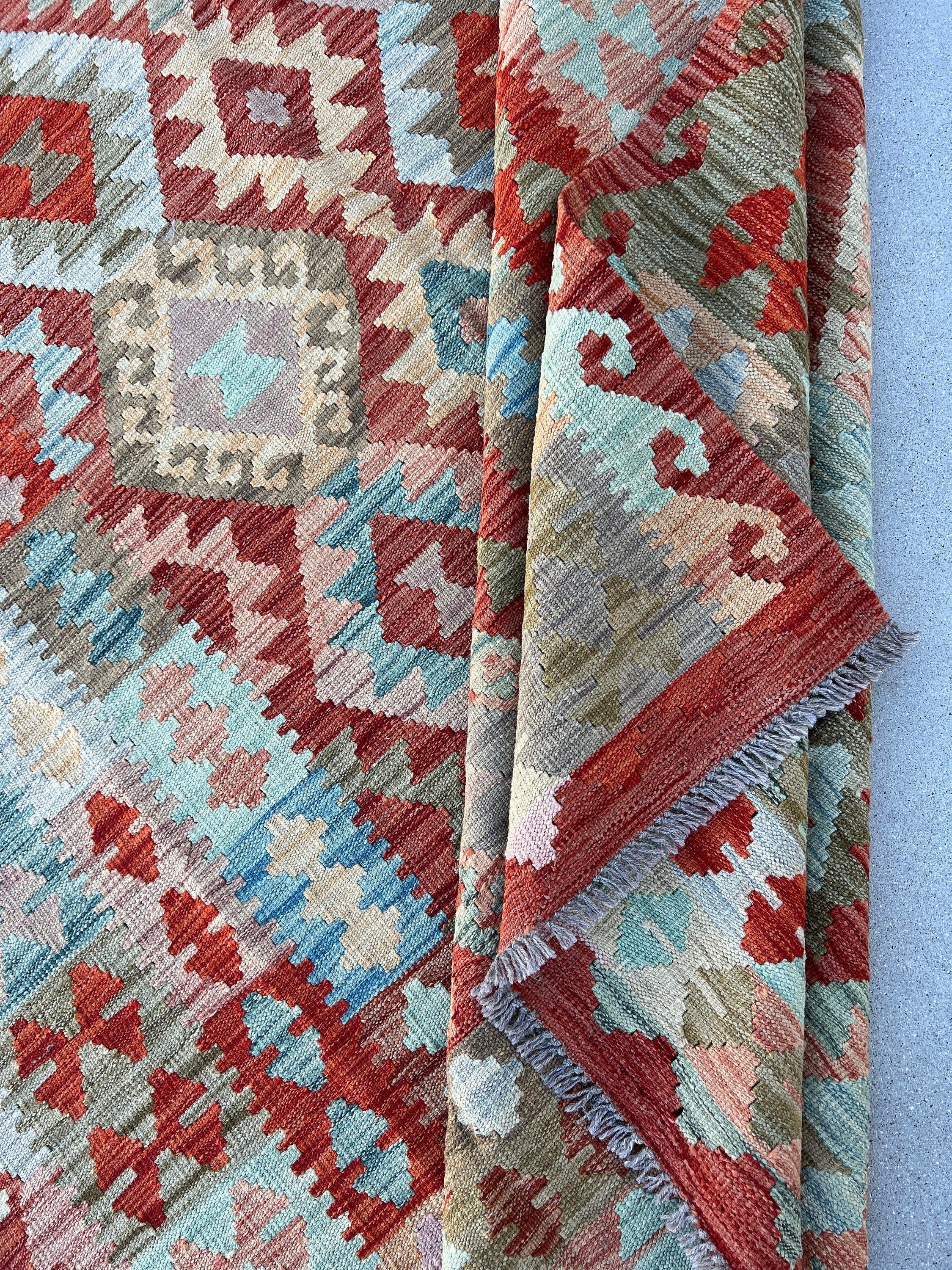 6x9 (180x275) Handmade Afghan Kilim Rug | Brick Red Teal Cream Beige Moss Olive Green Taupe Sky Blue Yellow | Hand Knotted Geometric Wool