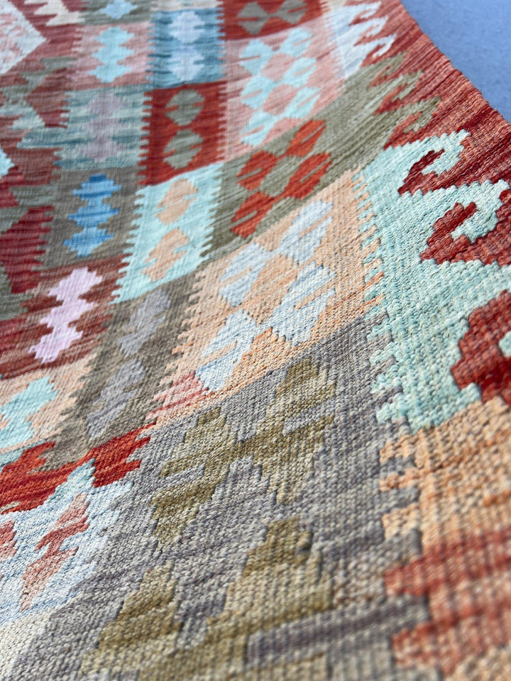 6x9 (180x275) Handmade Afghan Kilim Rug | Brick Red Teal Cream Beige Moss Olive Green Taupe Sky Blue Yellow | Hand Knotted Geometric Wool