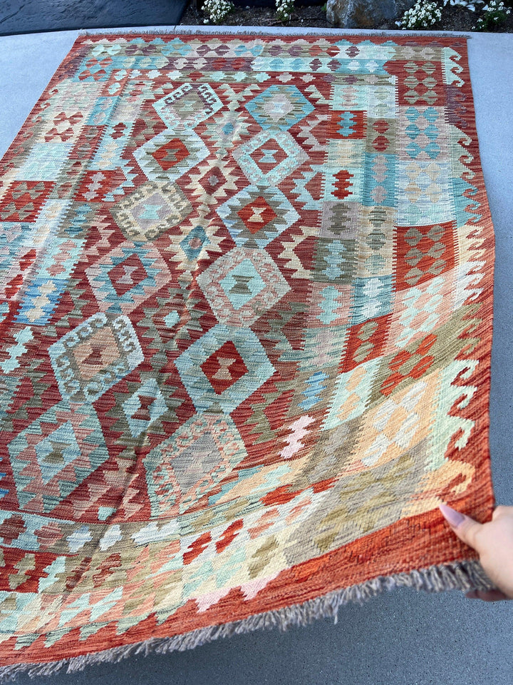 6x9 (180x275) Handmade Afghan Kilim Rug | Brick Red Teal Cream Beige Moss Olive Green Taupe Sky Blue Yellow | Hand Knotted Geometric Wool