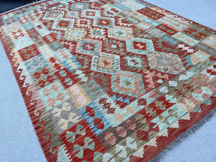 6x9 (180x275) Handmade Afghan Kilim Rug | Brick Red Teal Cream Beige Moss Olive Green Taupe Sky Blue Yellow | Hand Knotted Geometric Wool