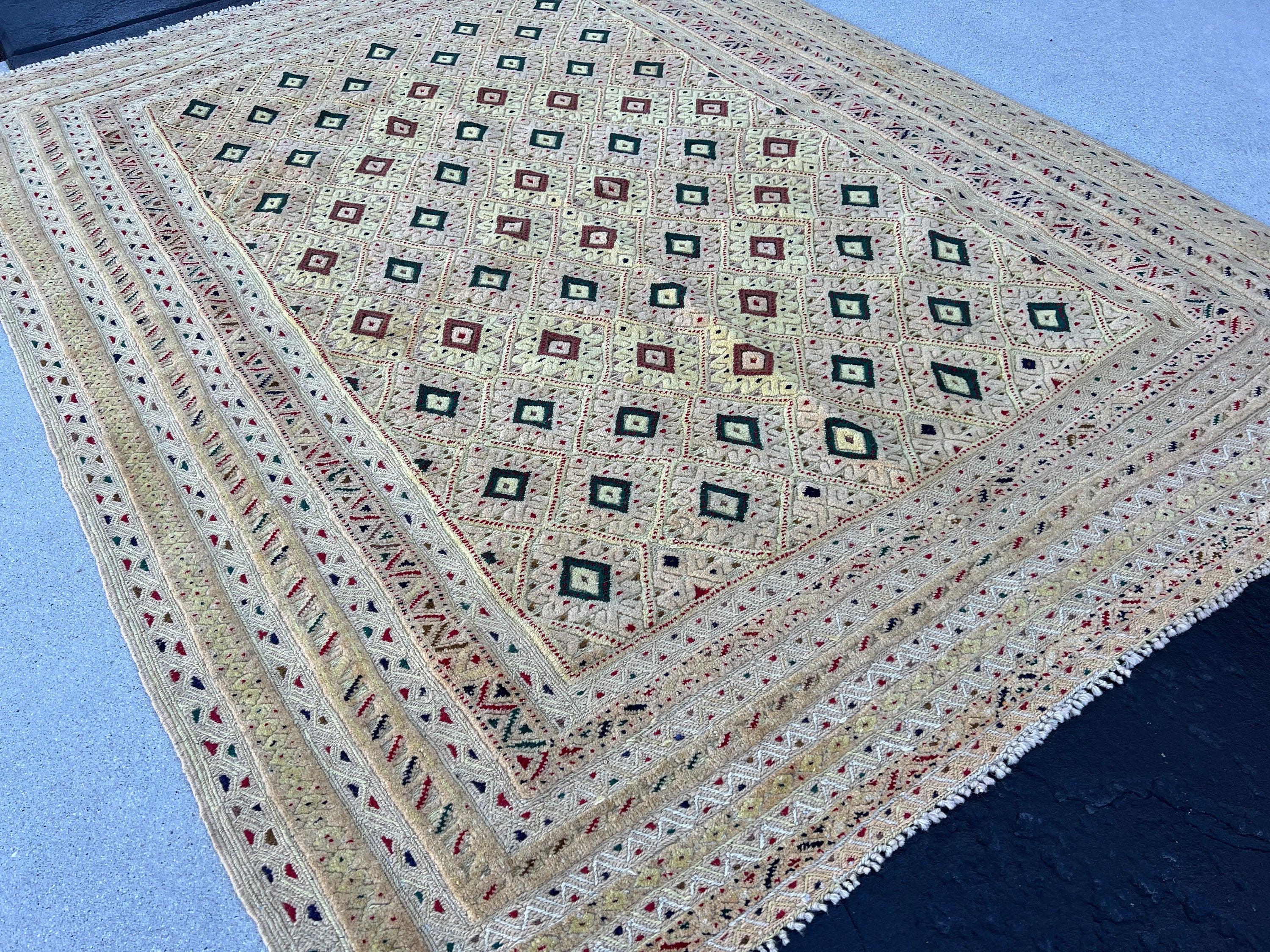 5x7 (150x200) Handmade Afghan Rug | Taupe Cream Beige Pine Green Crimson Red Midnight Blue Black Moss Green Chocolate | Geometric Wool Boho