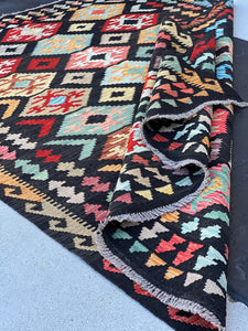 6x8 (180x245) Handmade Afghan Kilim Rug | Black Burnt Orange Sky Denim Blue Cream Beige Turquoise Taupe Red Grey Lime Green | Wool Flatweave