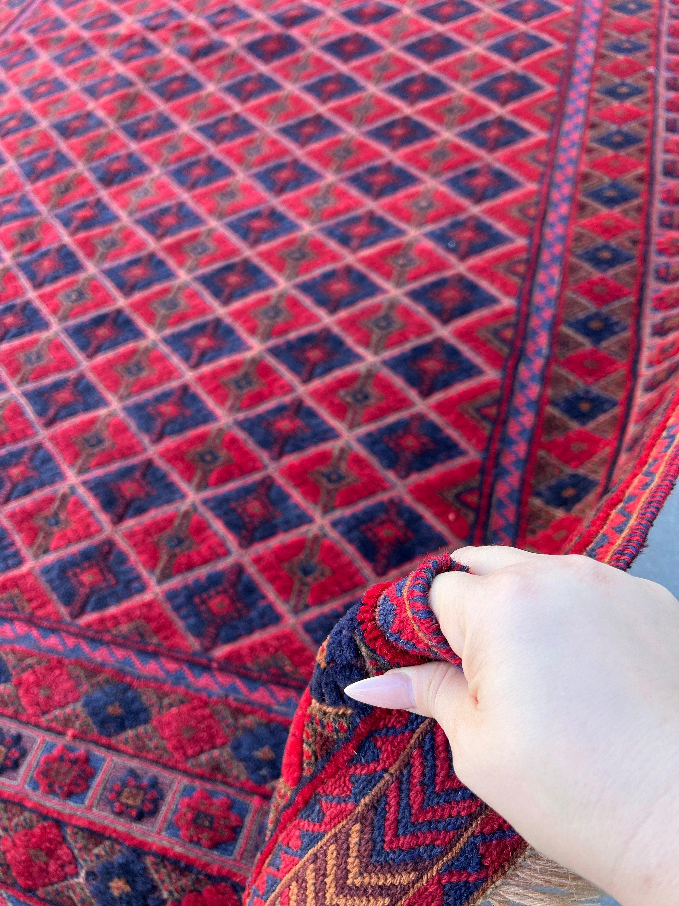 5x7 (150x200) Handmade Afghan Rug | Cherry Auburn Crimson Red Midnight Blue Burnt Orange Taupe Crimson Red Hand Knotted Persian Turkish Wool