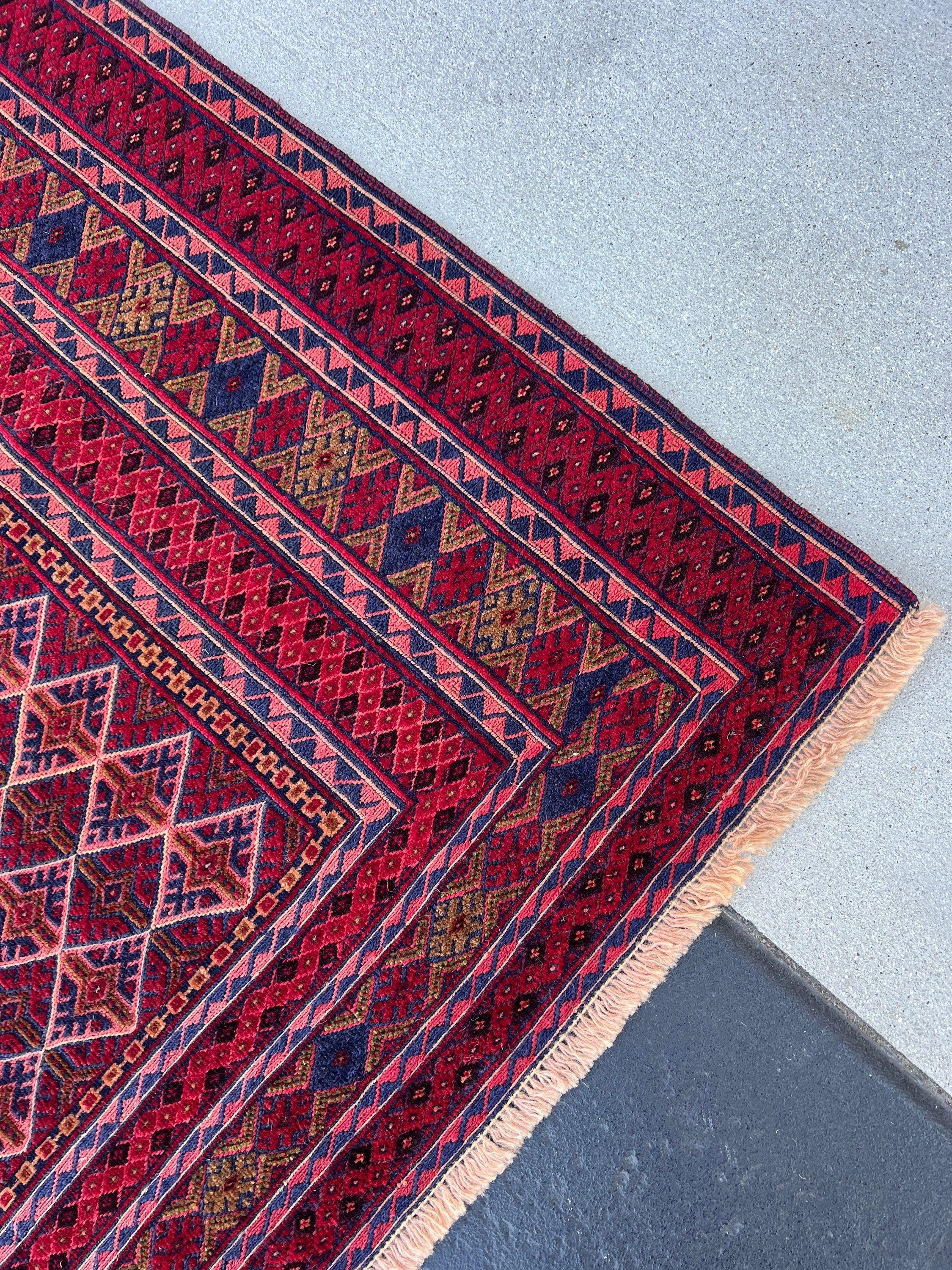 5x6 (150x180) Handmade Afghan Kilim Rug | Crimson Red Midnight Blue Orange Brick Red Taupe Black | Hand Knotted Oriental Geometric Wool