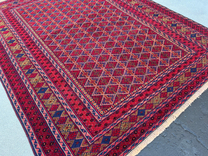 5x6 (150x180) Handmade Afghan Kilim Rug | Crimson Red Midnight Blue Orange Brick Red Taupe Black | Hand Knotted Oriental Geometric Wool