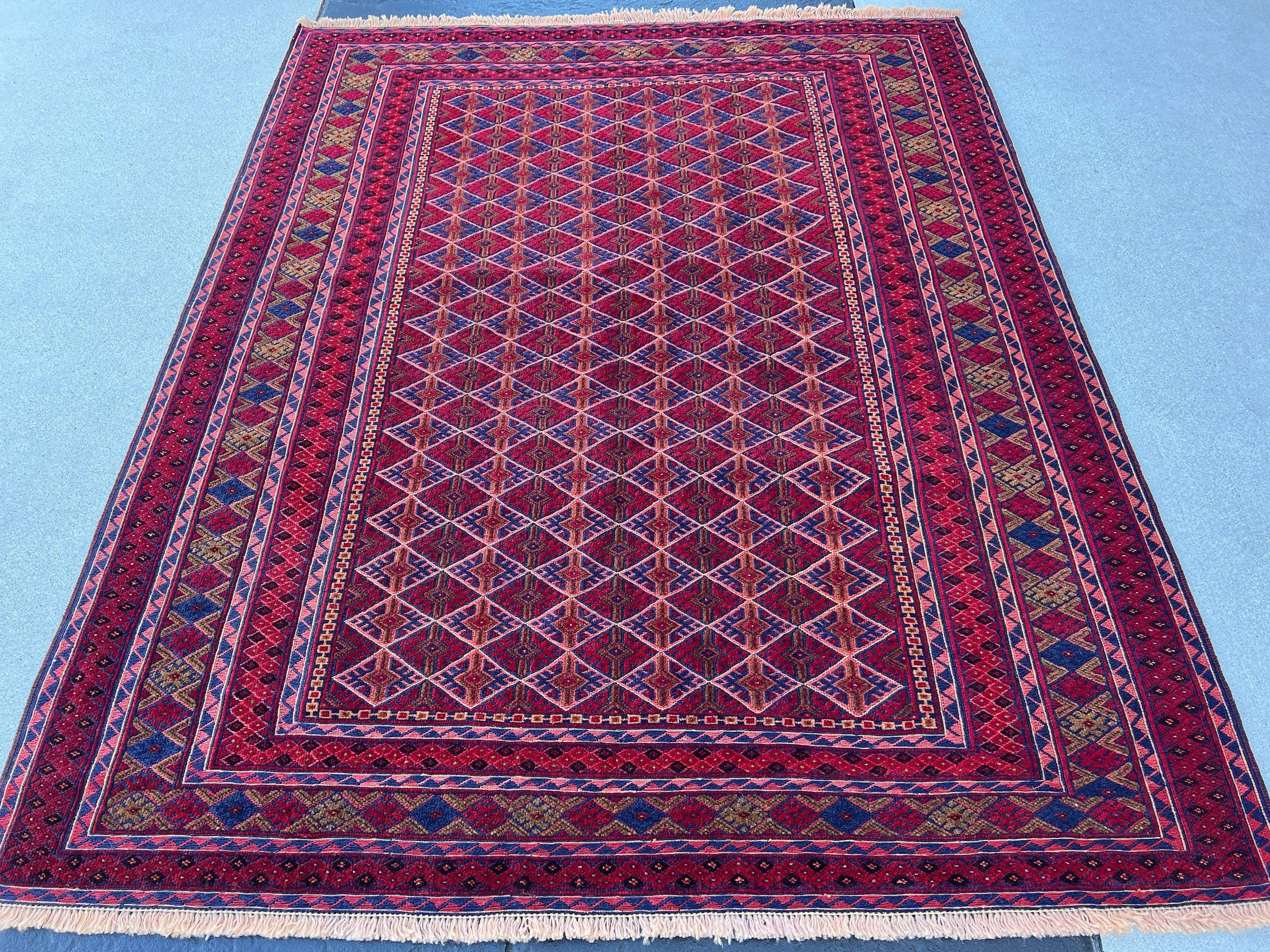 5x6 (150x180) Handmade Afghan Kilim Rug | Crimson Red Midnight Blue Orange Brick Red Taupe Black | Hand Knotted Oriental Geometric Wool