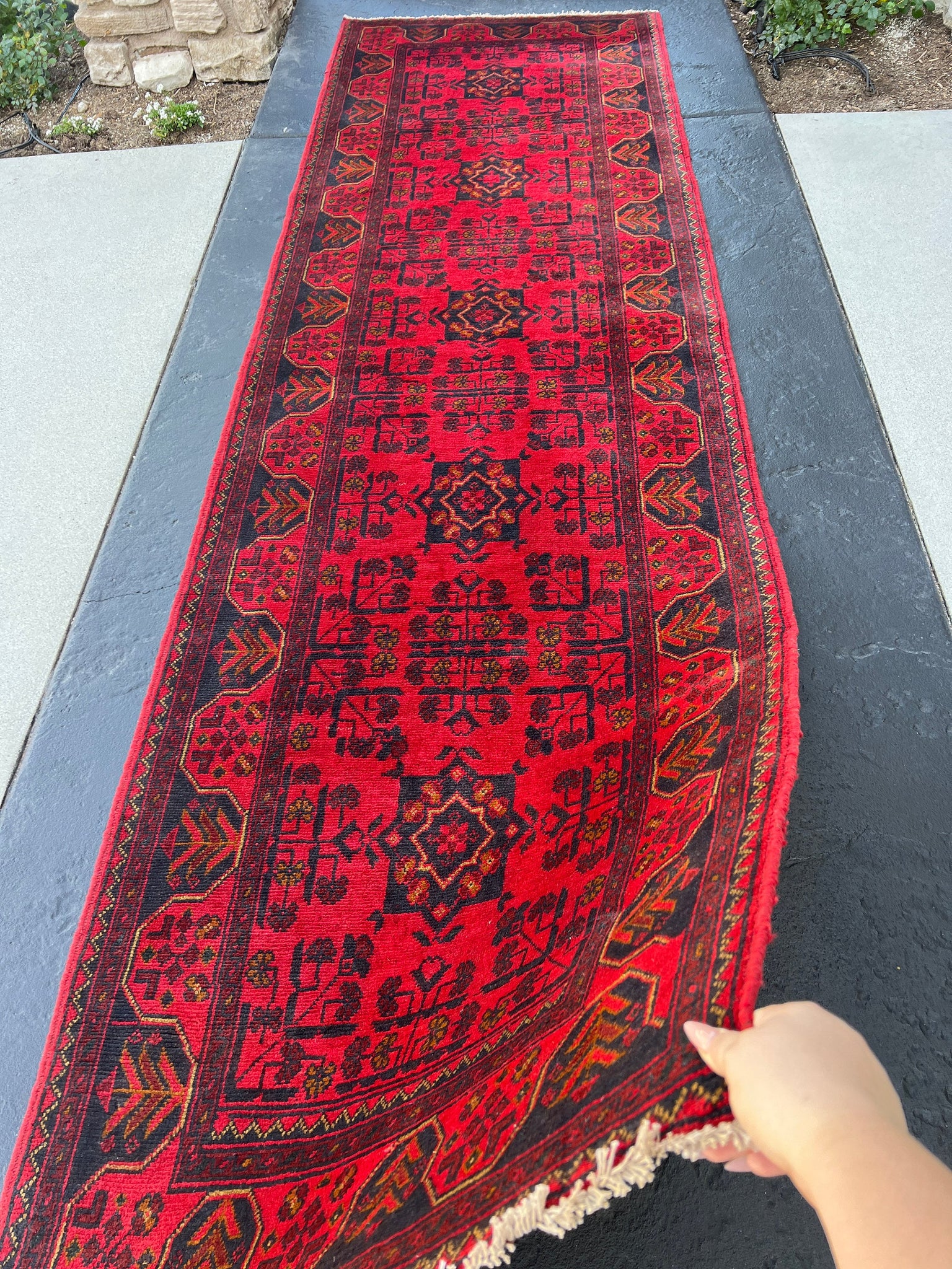 3x10 (90x305) Handmade Afghan Runner Rug | Brick Blood Red Black Burnt Orange Gold Yellow | Hand Knotted Persian Floral Turkish Wool