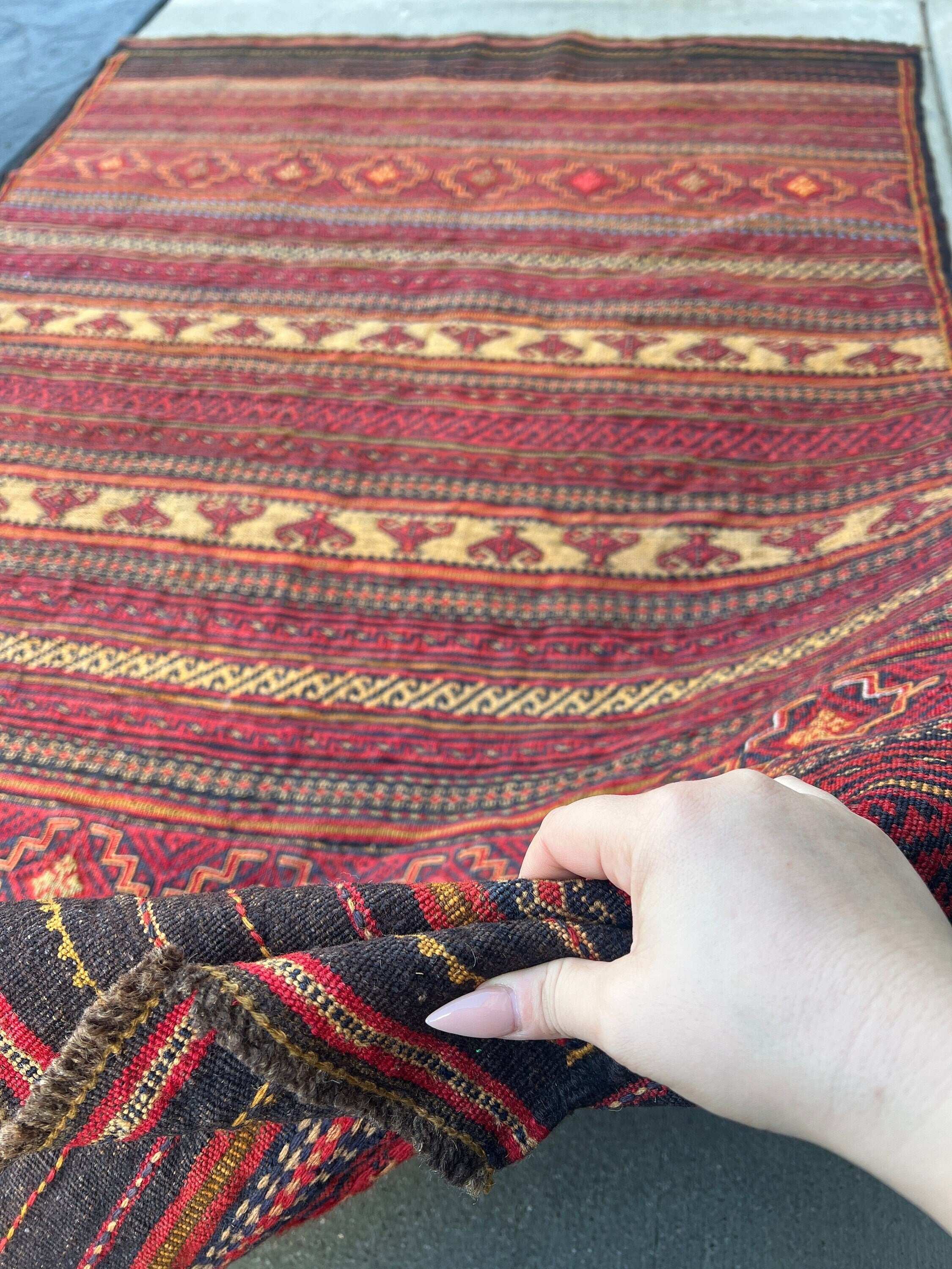 4x6 (120x185) Handmade Vintage Soumak Afghan Rug | Brick Red Black Gold Mustard Yellow Grey Geometric Hand Knotted Persian Turkish Wool Boho