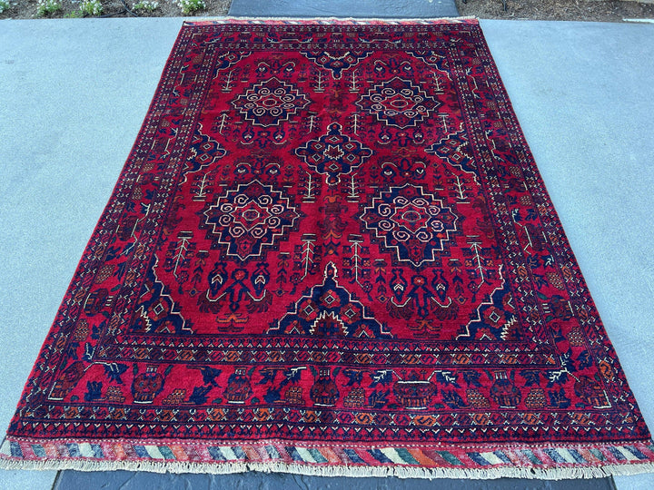 5x7 (150x215) Fair Trade Handmade Afghan Rug | Cherry Red Burnt Orange Black Crimson Red Ivory Teal Midnight Blue | Hand Knotted Floral Wool