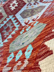 6x8 (180x245) Handmade Afghan Kilim Rug | Burnt Orange Sky Blue Teal Grey Turquoise Cream Beige Orange Chocolate Brown Blood Red | Flatweave