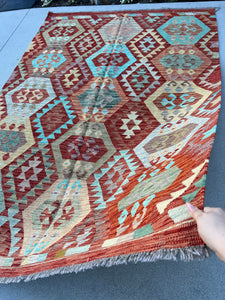 6x8 (180x245) Handmade Afghan Kilim Rug | Burnt Orange Sky Blue Teal Grey Turquoise Cream Beige Orange Chocolate Brown Blood Red | Flatweave
