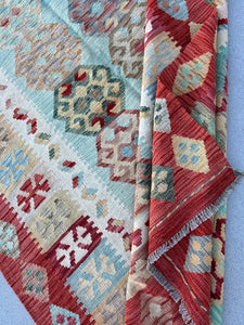 6x9 (180x275) Handmade Afghan Kilim Rug | Brick Red Sky Blue Olive Green Grey Denim Blue Moss Green Blood Red Taupe | Geometric Hand Knotted