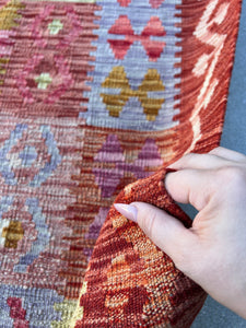 6x8 (180x245) Handmade Afghan Kilim Rug | Taupe Rose Pink Magenta Crimson Red Fuchsia Pink Lime Olive Green Mauve Rust Orange Sky Blue Wool