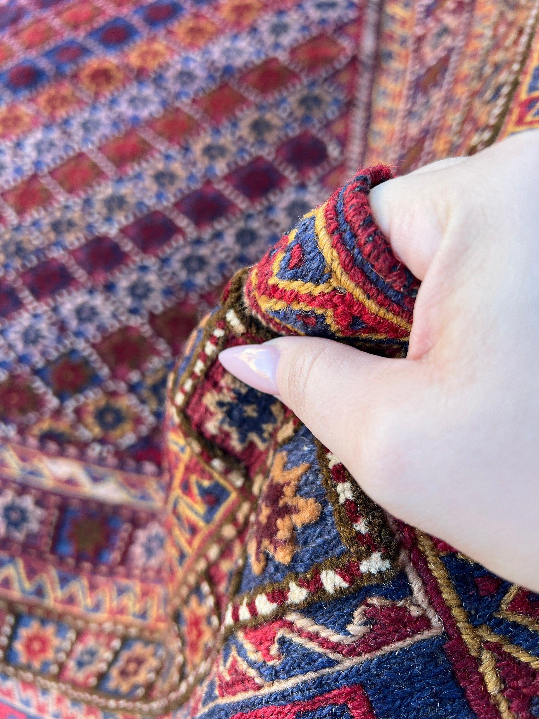 5x6 (150x180) Handmade Afghan Kilim Rug | Navy Blue Crimson Red Gold Mauve Mustard Yellow Brick Red Ivory Taupe Geometric Hand Knotted Wool