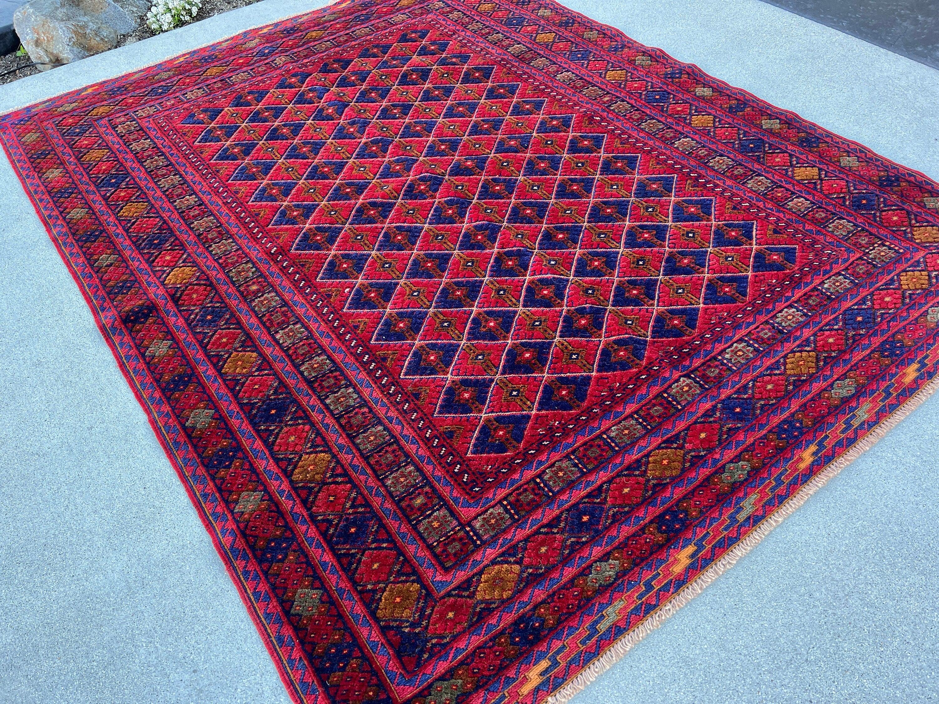 5x6 (150x180) Handmade Afghan Rug | Navy Blue Crimson Red Gold Mauve Brick Red Ivory Taupe Moss Green | Geometric Wool Hand Knotted Boho