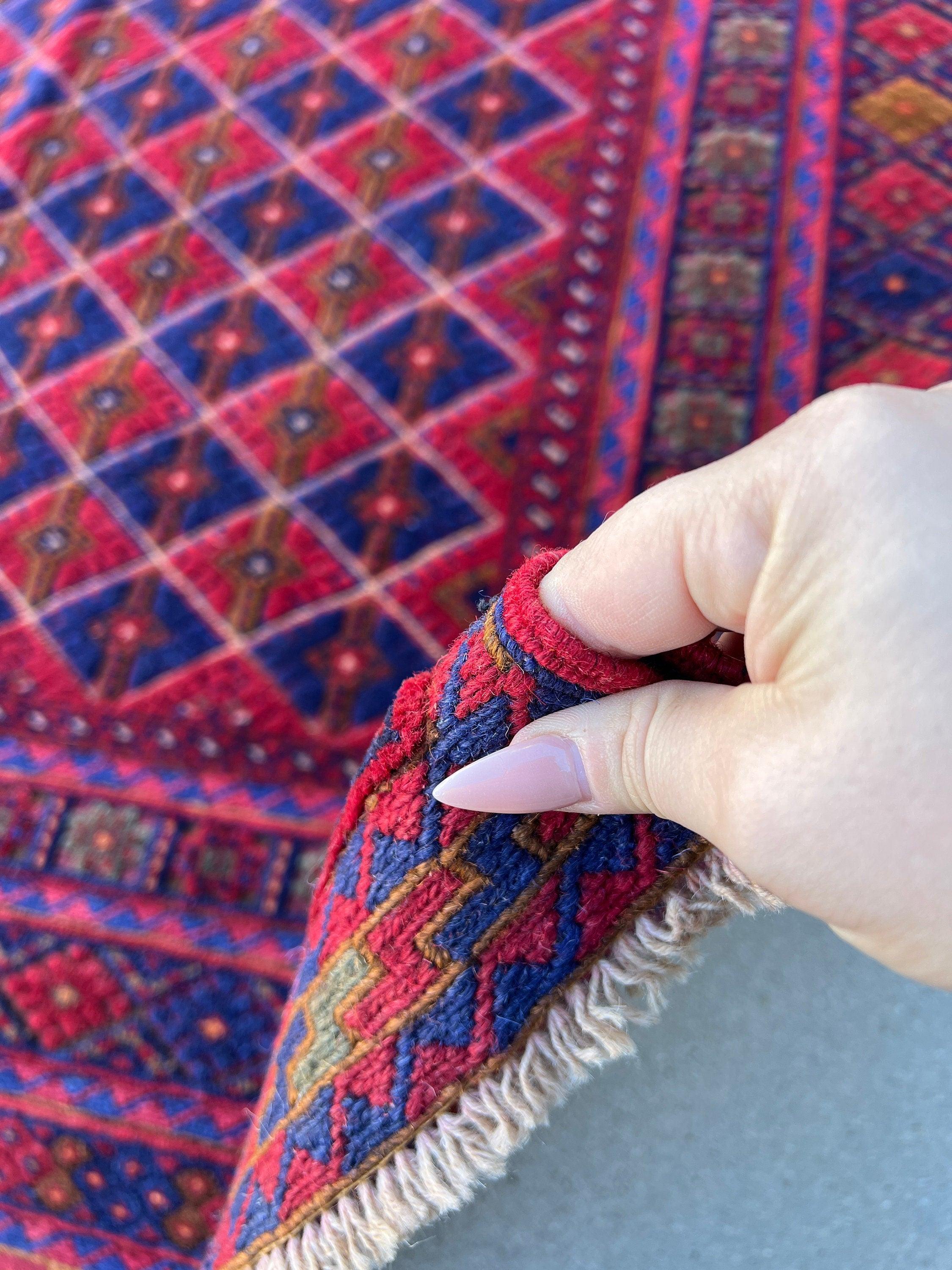 5x6 (150x180) Handmade Afghan Rug | Navy Blue Crimson Red Gold Mauve Brick Red Ivory Taupe Moss Green | Geometric Wool Hand Knotted Boho