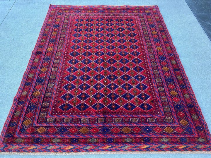 5x6 (150x180) Handmade Afghan Rug | Navy Blue Crimson Red Gold Mauve Brick Red Ivory Taupe Moss Green | Geometric Wool Hand Knotted Boho