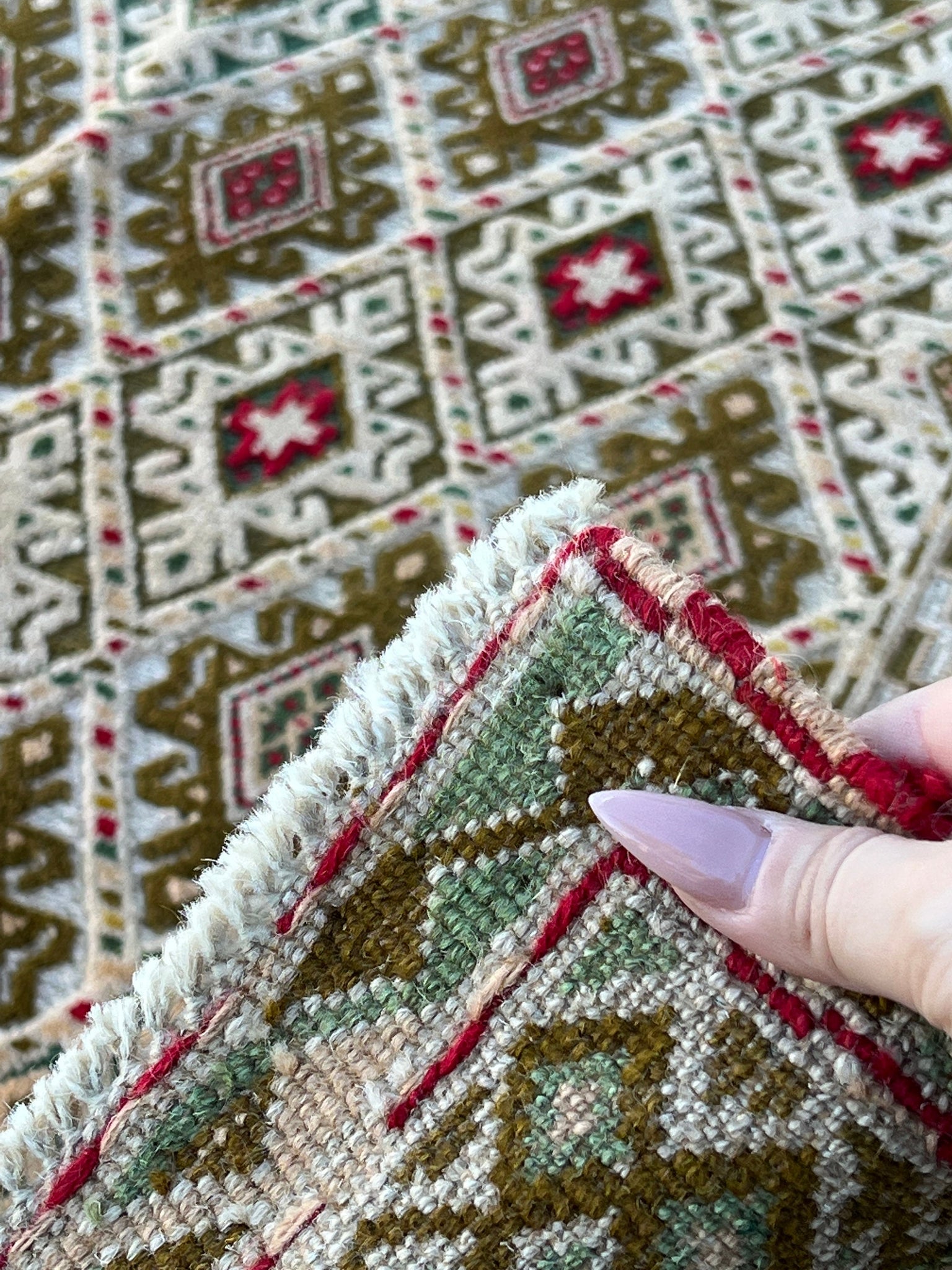 5x6 (150x180) Handmade Afghan Rug | Moss Green Ivory Pine Green Blood Red Cornsilk Yellow Teal Tan | Hand Knotted Geometric Wool Boho