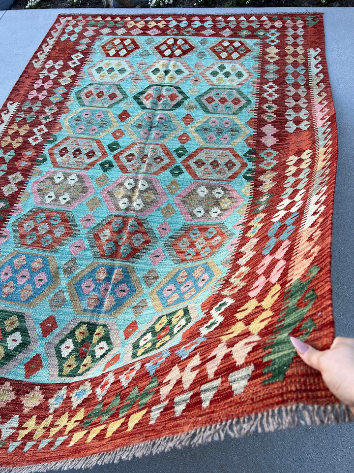 6x9 (180x275) Handmade Afghan Kilim Rug | Turquoise Brick Red Burnt Orange Pine Green Grey Salmon Pink Prussian Blue Taupe Chocolate Ivory